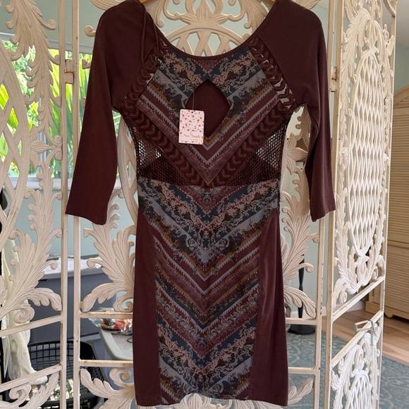 NWT / Free People / Brown and Gray Long Sleeve Dress - Picture 6 of 6